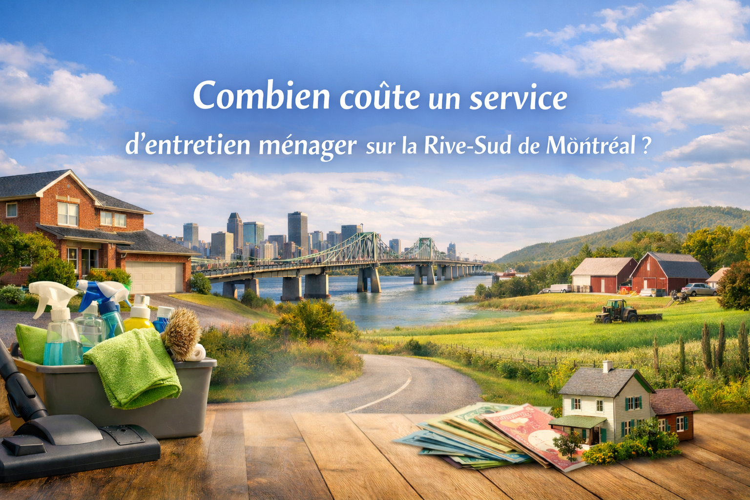 Illustration montrant une maison résidentielle, des produits d’entretien ménager et un paysage urbain et rural représentant la Rive-Sud de Montréal, illustrant le coût d’un service d’entretien ménager en Montérégie