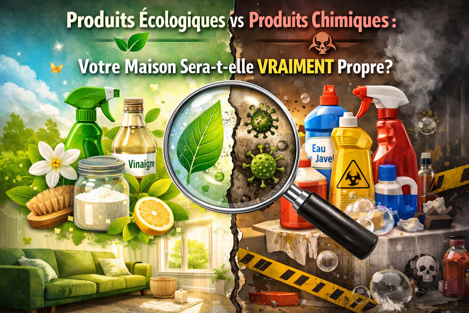 Illustration comparant produits écologiques et produits chimiques pour l’entretien ménager : vinaigre et ingrédients naturels d’un côté, eau de Javel et pictogrammes dangereux de l’autre, avec une loupe montrant des microbes, questionnant si la maison est vraiment propre.